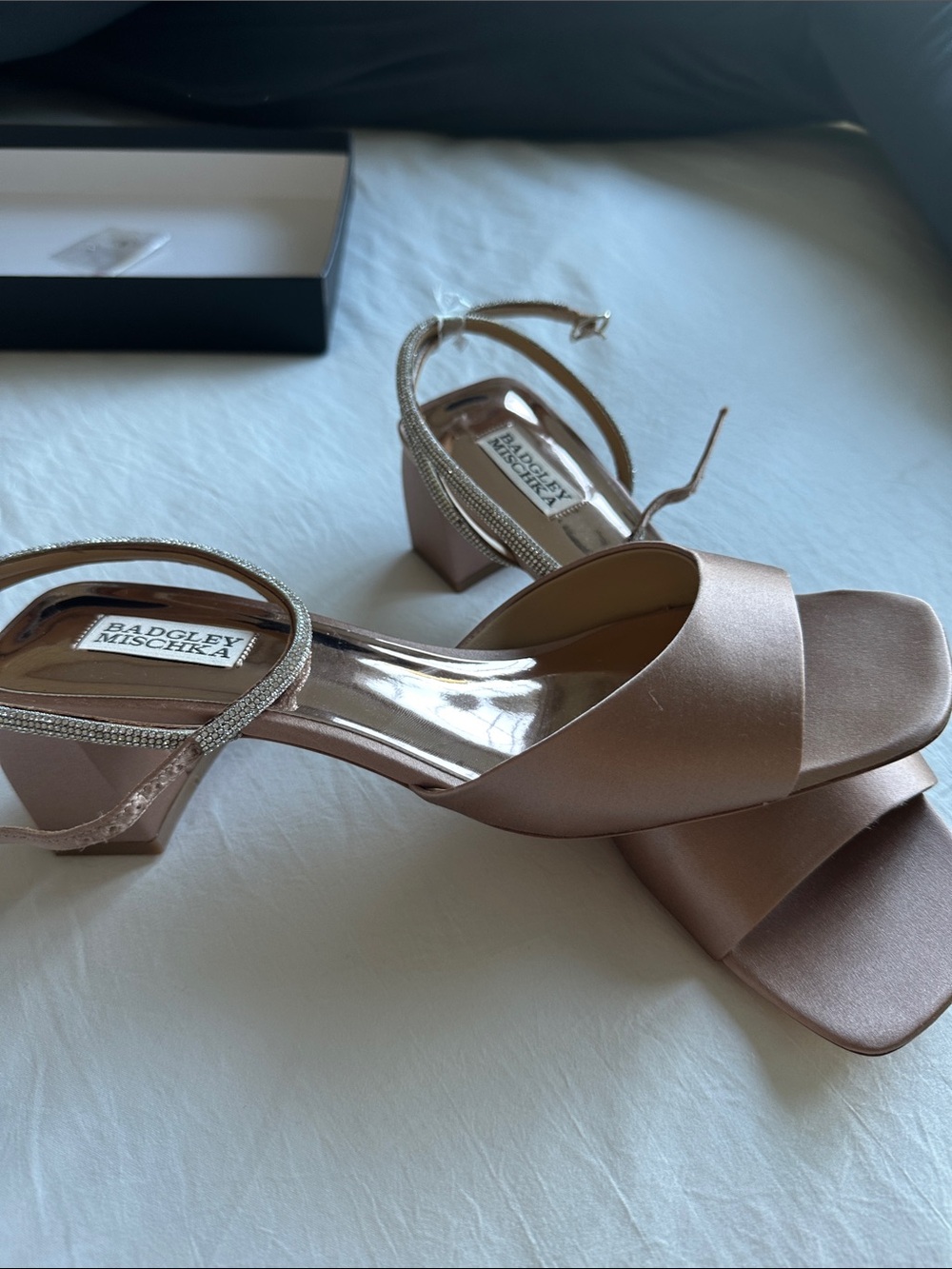Badgley Mischka Satin Block Heel Sandals in Rose